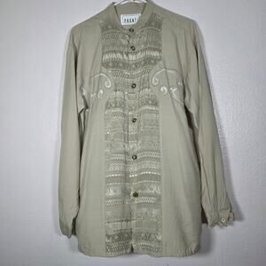 PRONTI Embroidered Western Shirt Beige Button Front Long Sleeve Mens M